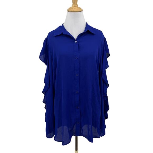 Slim Factor Investments Blouse Womens M Medium Royal Blue Ruffles Cold Shoulder - Picture 1 of 14